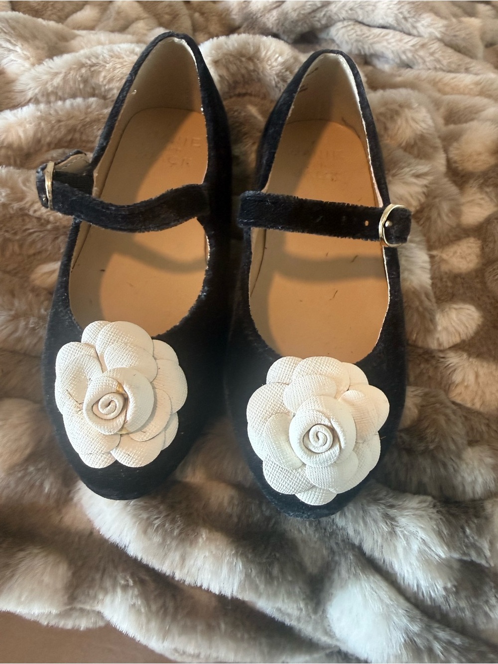 Janie and Jack Black Velvet Mary Janes with White Floral Appliqué